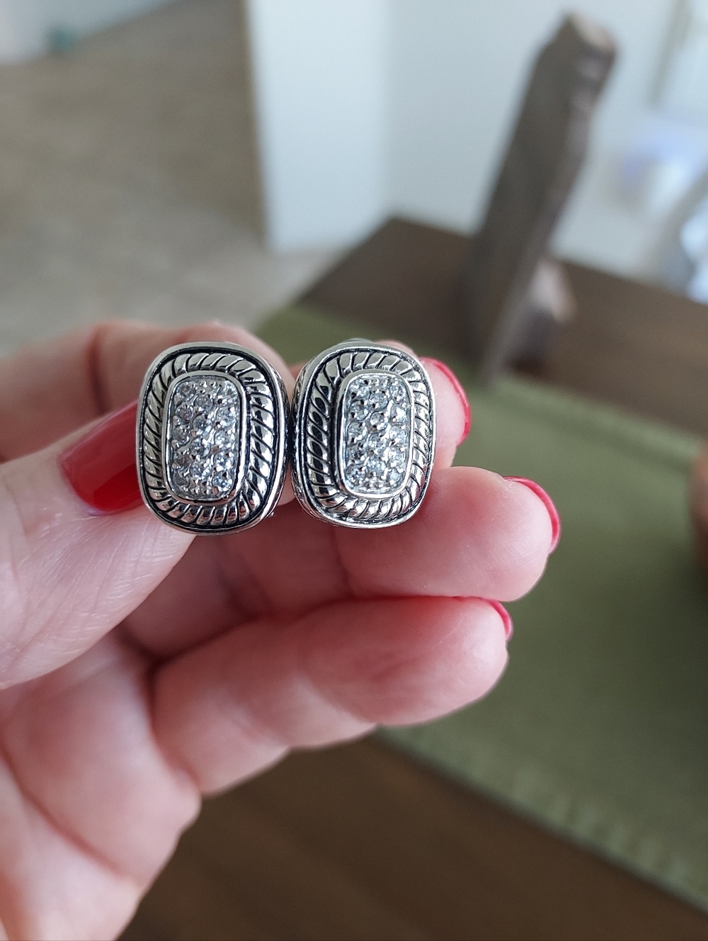 Silver Tone Pavé Oval And Crystal Earrings